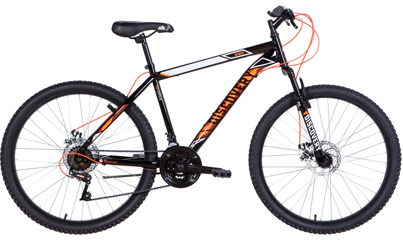 Фотография Велосипед Discovery RIDER AM DD 26" 2021, размер М, Черно-оранжевый 